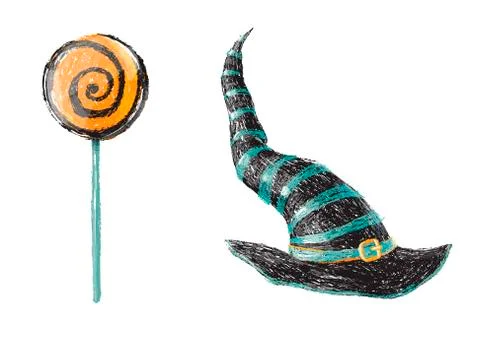 Hand drawn old witch hat and Halloween sweet lollipop isolated on white  Stock Illustration