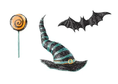 Hand drawn old witch hat, bat and Halloween sweet lollipop isolated on white  Stock Illustration