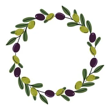 Hand Drawn Olive Branch Circular Wreath Frame with Green and Black Olives Stock Illustration