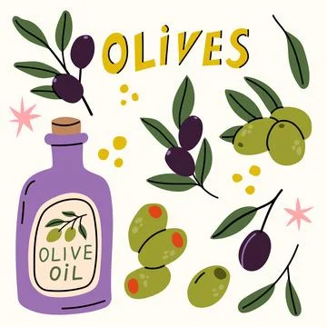 Hand Drawn Olive Collection with Olive Oil Bottle Stuffed and Black Olives Stock Illustration