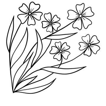 Hand drawn one black line illustration of floral flowers leaves. Elegant leaf Ilustração Stock