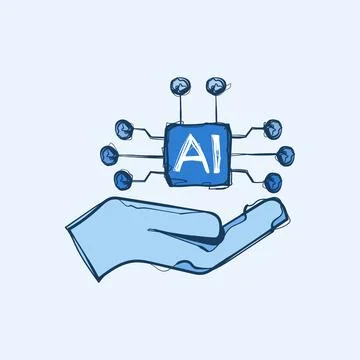 Hand Drawn One Hand Holding AI Chip Network Blue Sketch Vector Icon Technol.. Stock Illustration