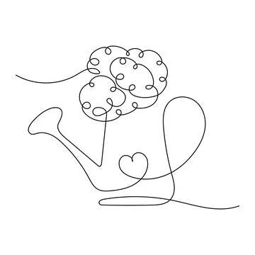 Hand drawn one line Watering can and Flowers. Plant care abstract minimalist  Stock Illustration