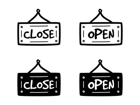Hand Drawn Open Close Sign Board Doodle Icon Vector Set Stock Illustration