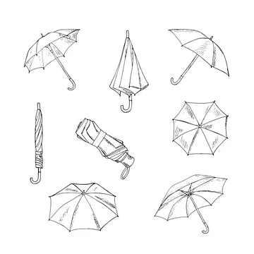 Hand-drawn open, closed, and folded umbrellas. Rainy seasonal parasols. Vec.. Illustrazione stock