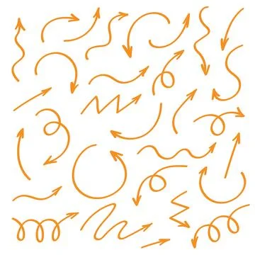 Hand drawn orange arrows set doodle curved arrows collection navigation sketch Stock Illustration