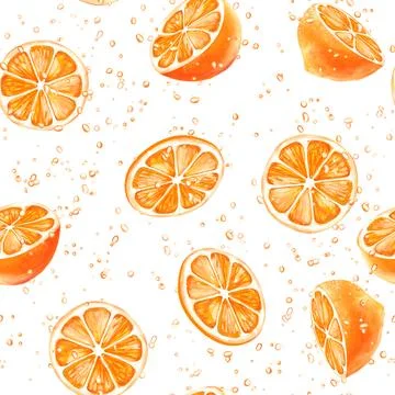 Hand drawn oranges background with juice drops. Fruit seamless pattern Stock Illustration