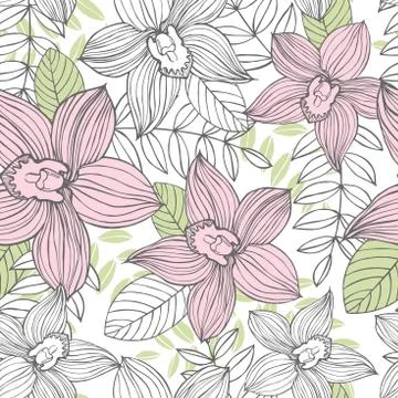 Hand drawn orchids.Vector  seamless pattern Stock Illustration