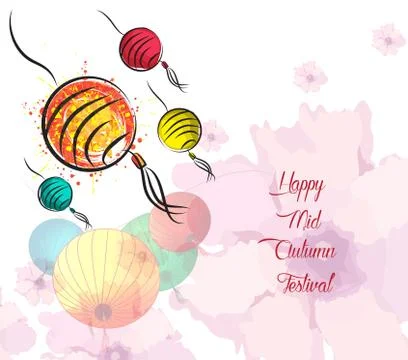 Hand drawn Oriental Lanterns. Happy Mid Autumn Festival Background Stock Illustration