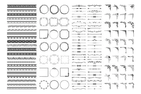 Hand Drawn Ornamental Frames, Borders, Dividers, corner, Swirls, and Flourish Stock Illustration