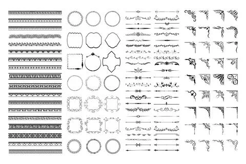Hand Drawn Ornamental Frames, Borders, Dividers, corner, Swirls, and Flourish Stock Illustration