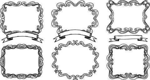 Hand-drawn ornate frames and banners, decorative borders, vintage design el.. Stock Illustration