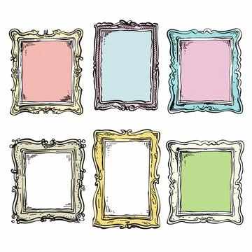 Hand drawn ornate frames colorful set, vintage decorative borders, classic イラスト素材