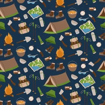 Hand drawn outdoors seamless pattern. Picnic, travel and camping theme. Mou.. Stock Illustration