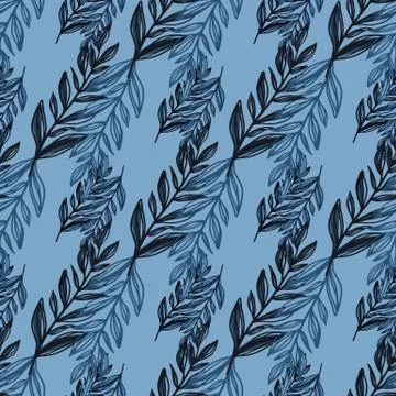 Hand drawn outline branch elements seamless pattern. Blue and navy tones pale Stockillustratie