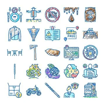 Hand drawn outline icon set of diverse concepts Stock Illustration