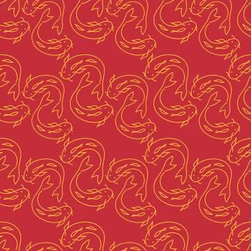 Hand drawn outline Koi fish . Vector seamless pattern. Doodle art Stock Illustration