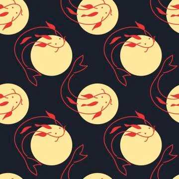 Hand drawn outline Koi fish . Vector seamless pattern. Doodle art Stock Illustration