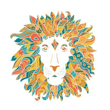 Hand drawn outline lion head decorated with abstract doodle zentangle ornaments Stock Illustration