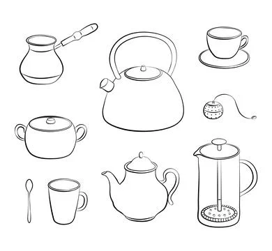 Hand drawn outline tea items set. Stock Illustration