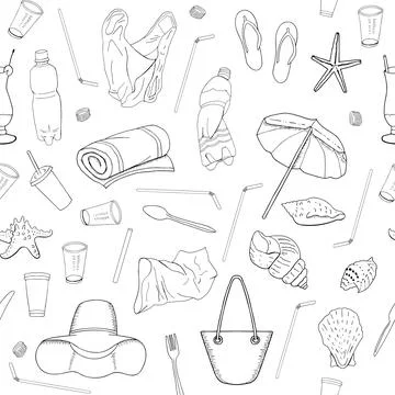 Hand drawn outline. Vector seamless pattern with garbage, plastic straws, bag Stock Illustration
