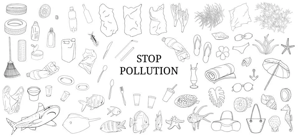 Hand drawn outline. Vector set of garbage, plastic straws Stock Illustration