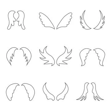 Hand drawn outline wings set collection isolated on white background vector. Ilustração Stock