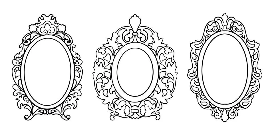 Hand Drawn Oval Mirror Frames Line Set in Vintage Style Illustrazione stock