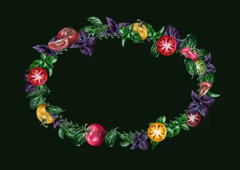 Hand-drawn oval wreath frame ornament: Italian tomatoes and basil vegetables. Stock Illustration