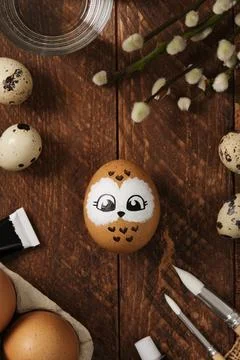 Hand drawn owl on an Easter egg on a wooden brown background Stock Photos