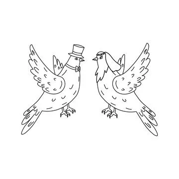 Hand drawn pair of flying doves isolated on white background. Black and white Stock Illustration