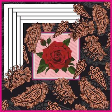 Hand drawn paisley pattern with rose flower.Bandanna, shawl, scarf print. Stockillustratie