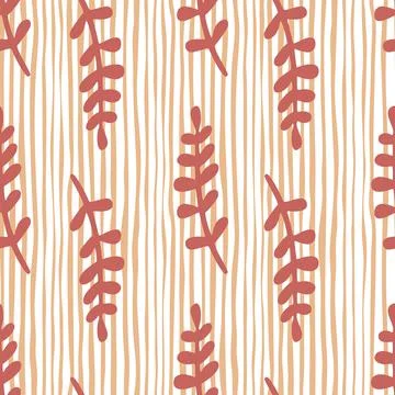 Hand drawn pale red branches silhouettes seamless tropic pattern. Striped whi Stock Illustration