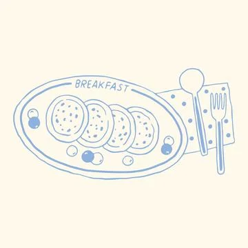 Hand drawn pancake breakfast plate with berries, spoon and fork in minimalist Stock Illustration