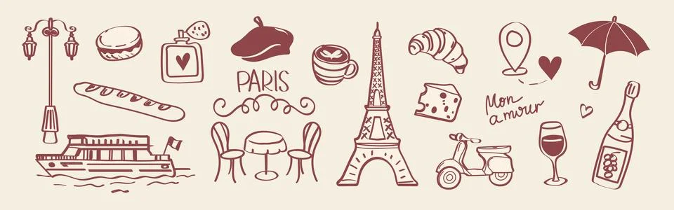 Hand drawn Paris doodle vector set with French cafe elements, wine, croissa.. イラスト素材