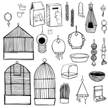 Hand drawn parrots stuff set. Toys, food, and pet care accessories. Vector sk Stock Illustration