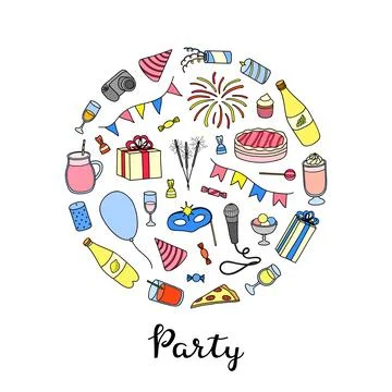 Hand drawn party items in circle. Stock Illustration