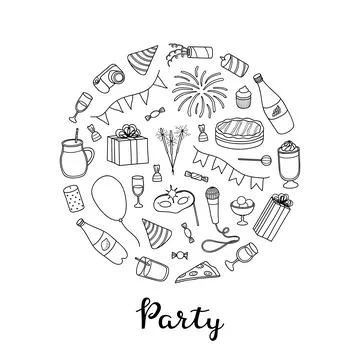 Hand drawn party items in circle. Stock Illustration
