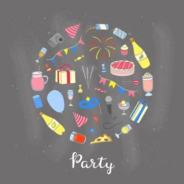 Hand drawn party items in circle. Stock Illustration