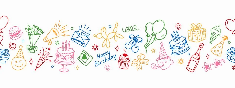 Hand drawn party seamless background with gifts, balloons, cakes and decora.. Stock Illustration