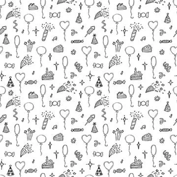 Hand drawn party seamless pattern. Birthday theme. Cute doodle background. .. Stock Illustration