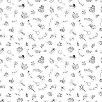 Hand drawn party seamless pattern. Cute doodle background. Happy Birthday. .. Stock Illustration