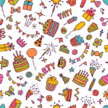 Hand drawn party seamless pattern. Birthday theme. Cute doodle background. .. Stock Illustration