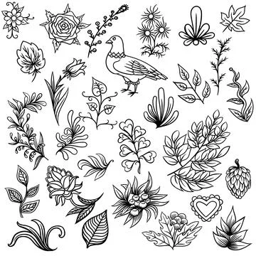 Hand drawn pattern with abstract scandinavian nature elements. Vector set of Stock Illustration