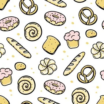 A hand-drawn pattern of bakery elements bretzel croissant bread donut baguett Illustrazione stock