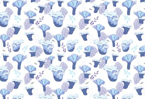 Hand drawn pattern. Blue murshrooms and white floral on a white background for Stock Illustration