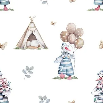 Hand drawn pattern with cute goose and teepee. Baby design fabric, textile on Stock Illustration