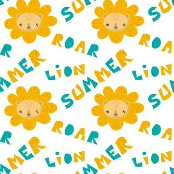 Hand drawn pattern of a cute lion with lettering. Stock Illustration