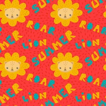 Hand drawn pattern of a cute lion with lettering. Stock Illustration