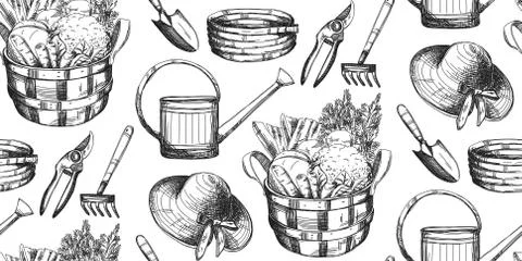 Hand drawn pattern, garden tools, vector Stock Illustration